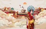 京剧扮相女子于古风场景