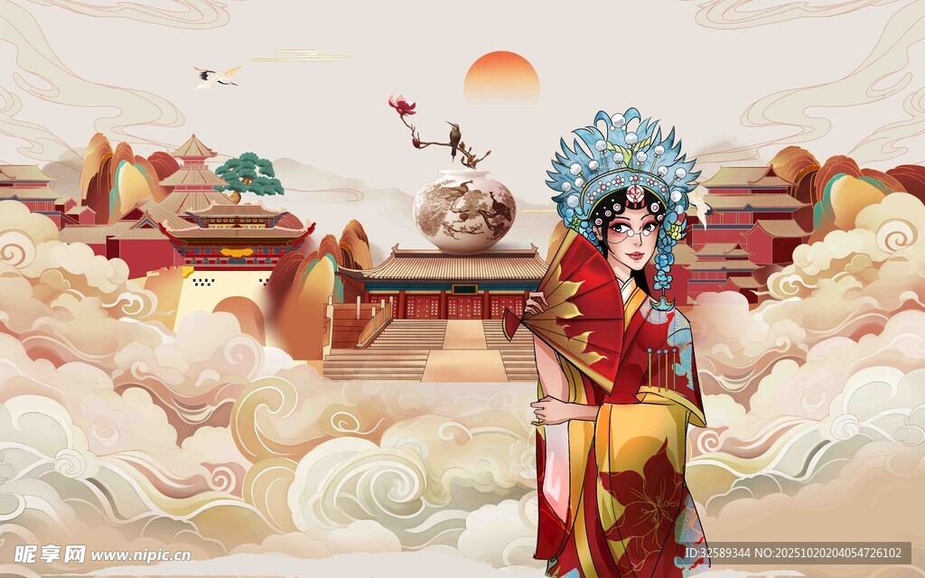 京剧扮相女子于古风场景