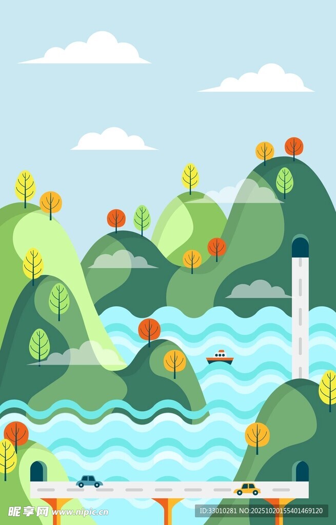 卡通风格山水风景图