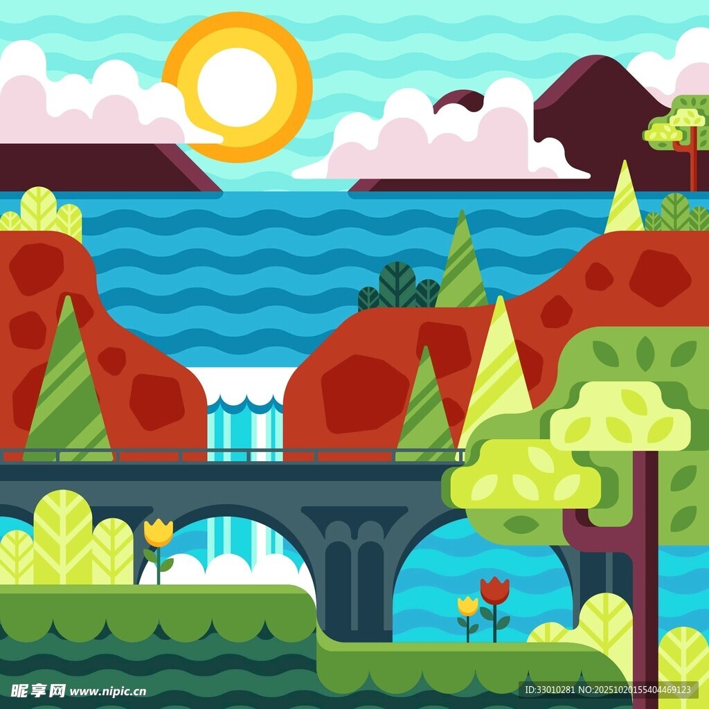 夏日山间桥景插画