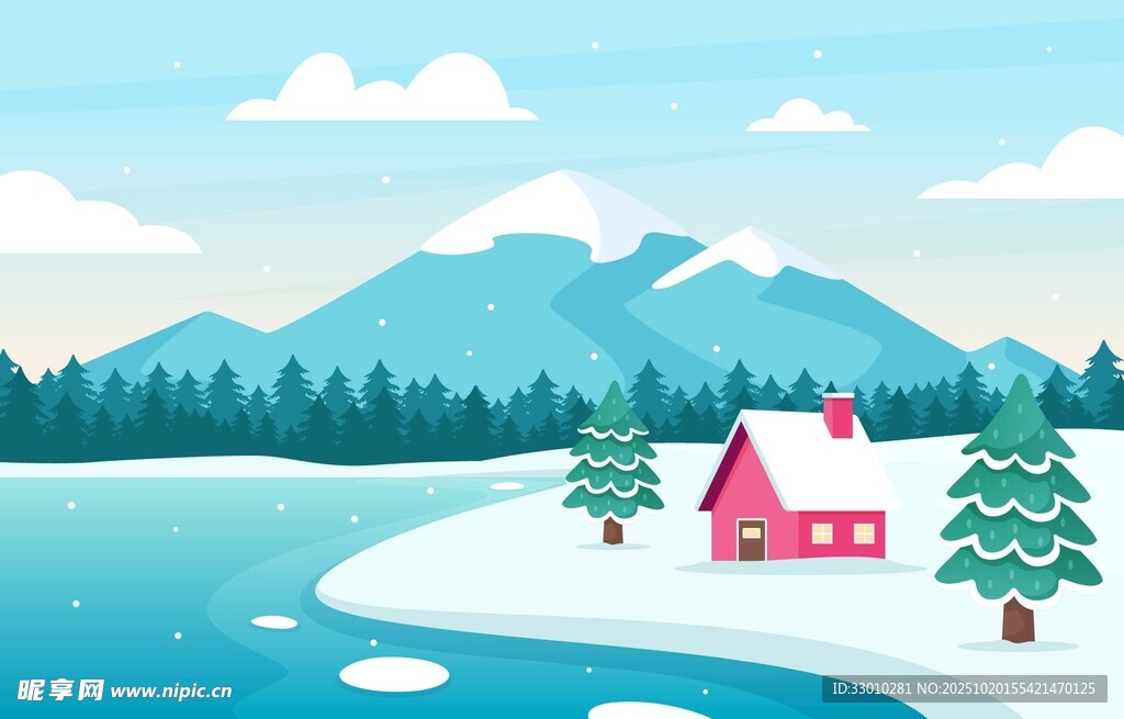 冬日湖畔小屋雪景