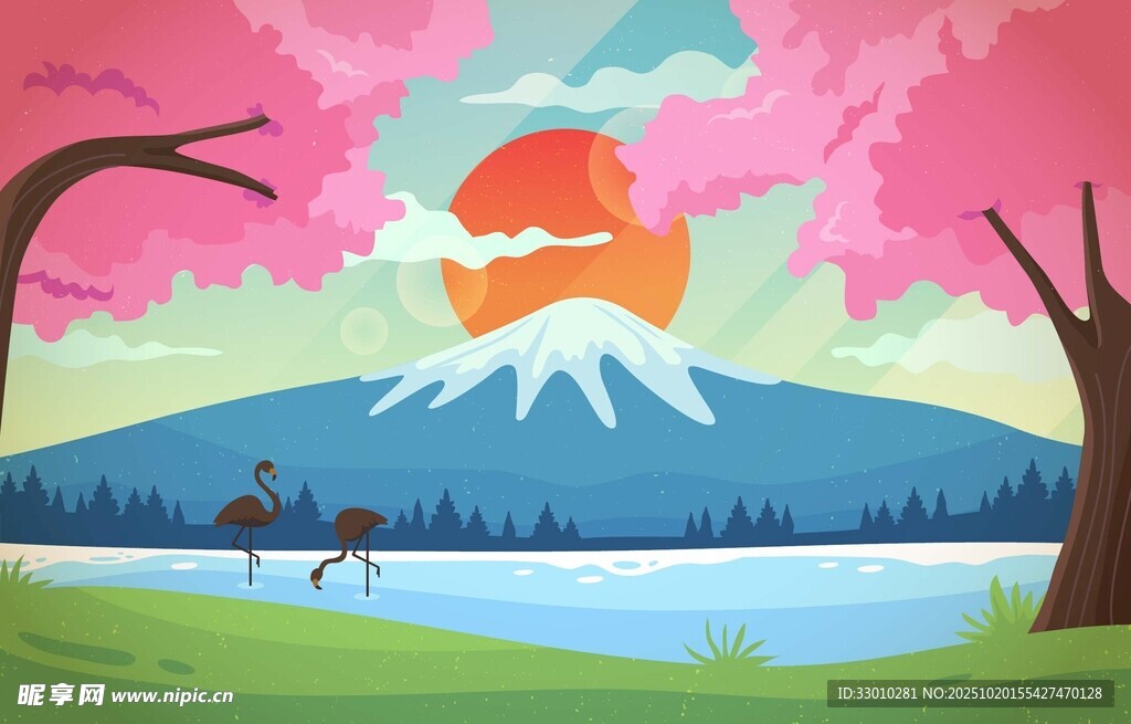 富士山下的梦幻春日风景