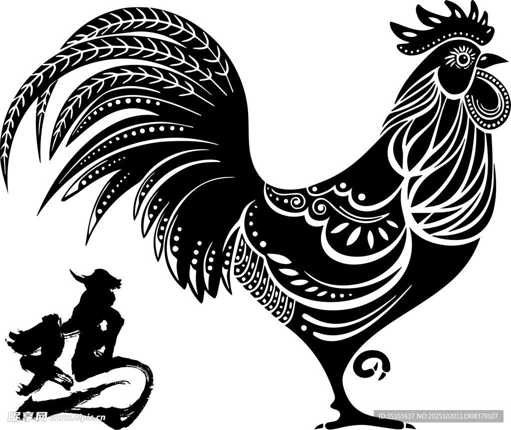 黑白公鸡图案艺术设计
