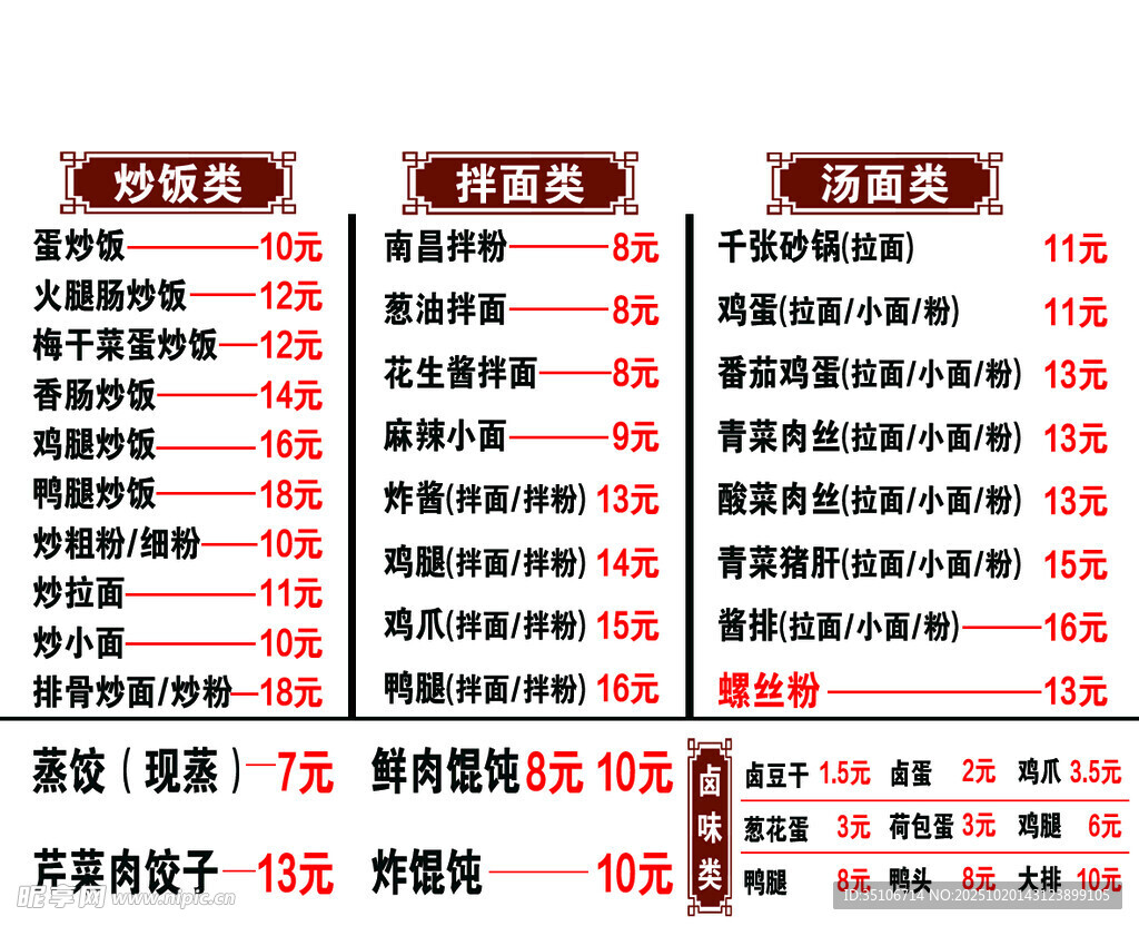 菜单价格