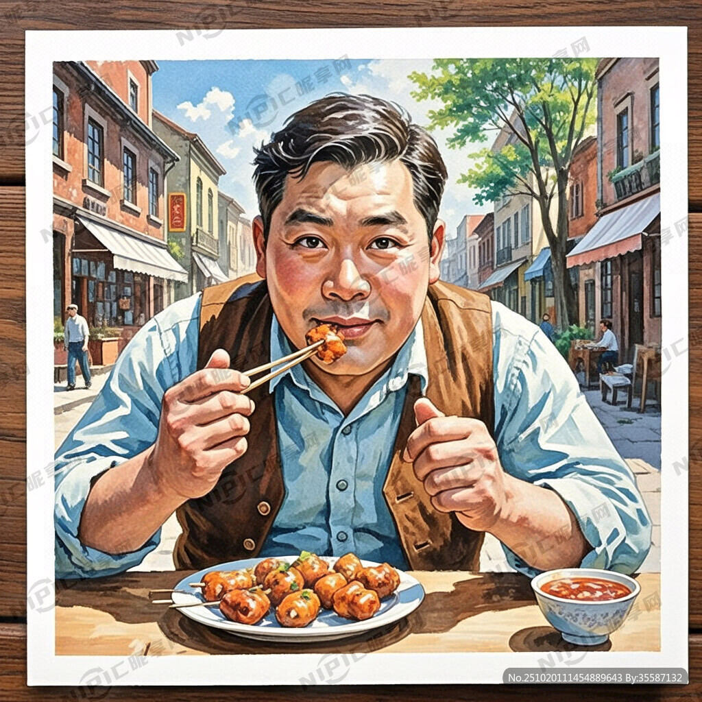 90年代油彩画人物在吃烧烤