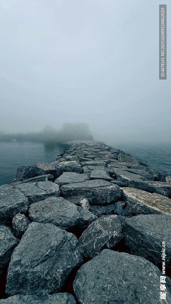 雾中石滩静谧海岸景致