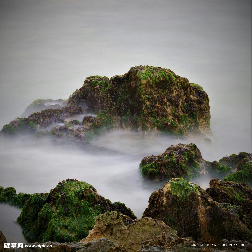 海边覆绿苔礁石慢门景观