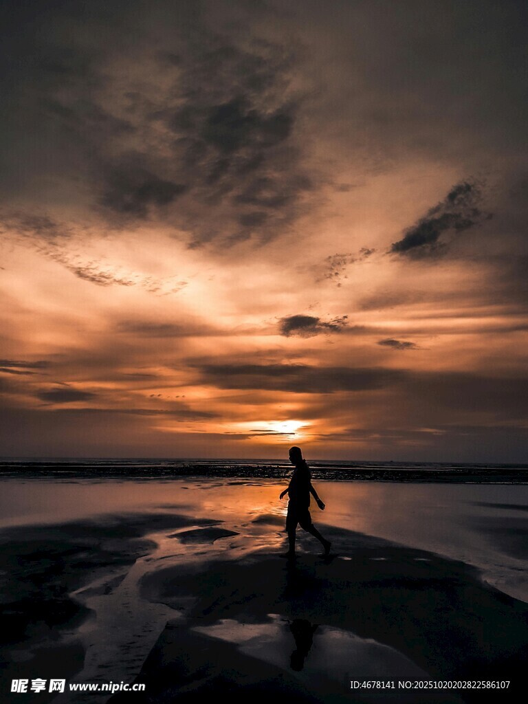 夕阳下的海边独行者