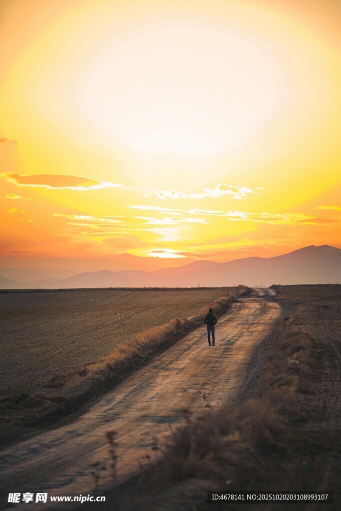 夕阳下路一人独行