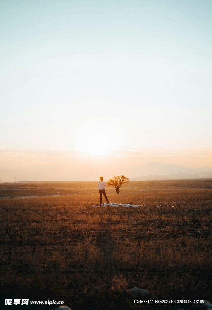 夕阳下旷野中的策马身影