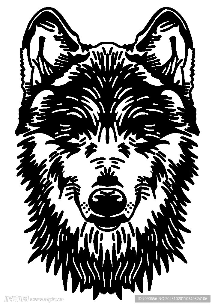 狼头黑白插画图案设计