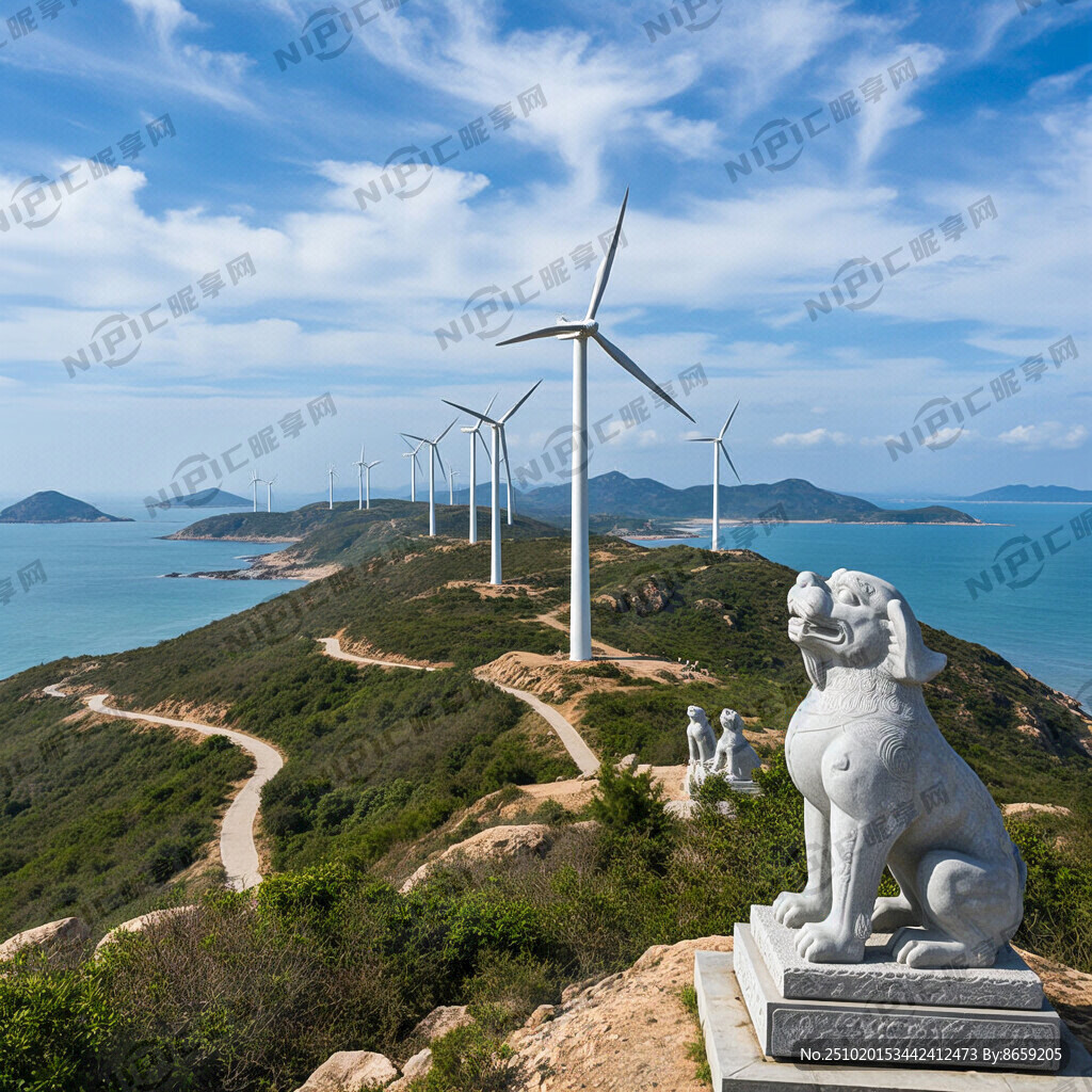 巨型风车阵在半岛脊线上旋转