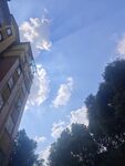 蓝天白云下的建筑与树木