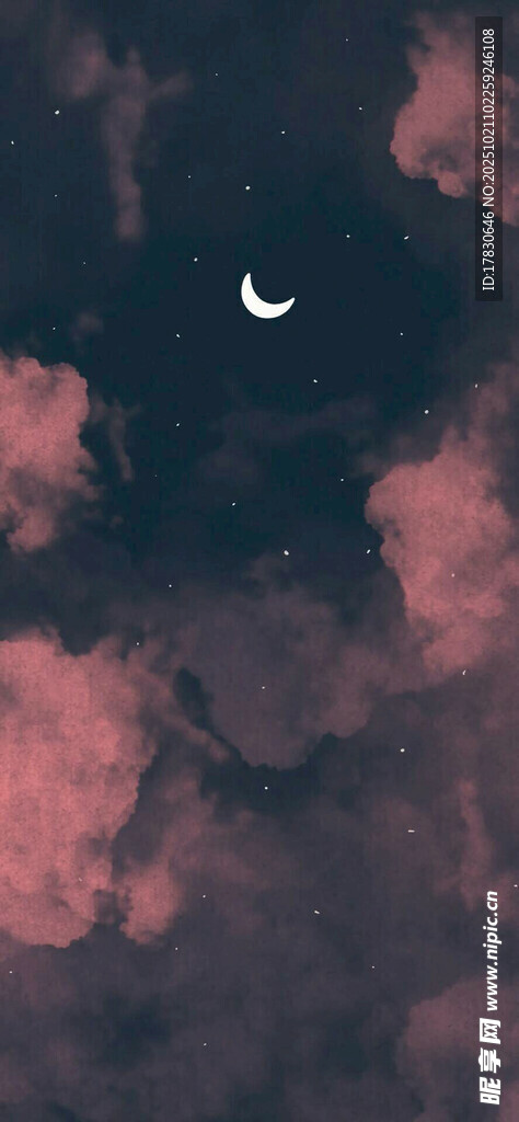 夜空中的粉色云彩与月牙