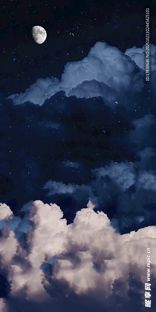 夜空下的云朵与明月
