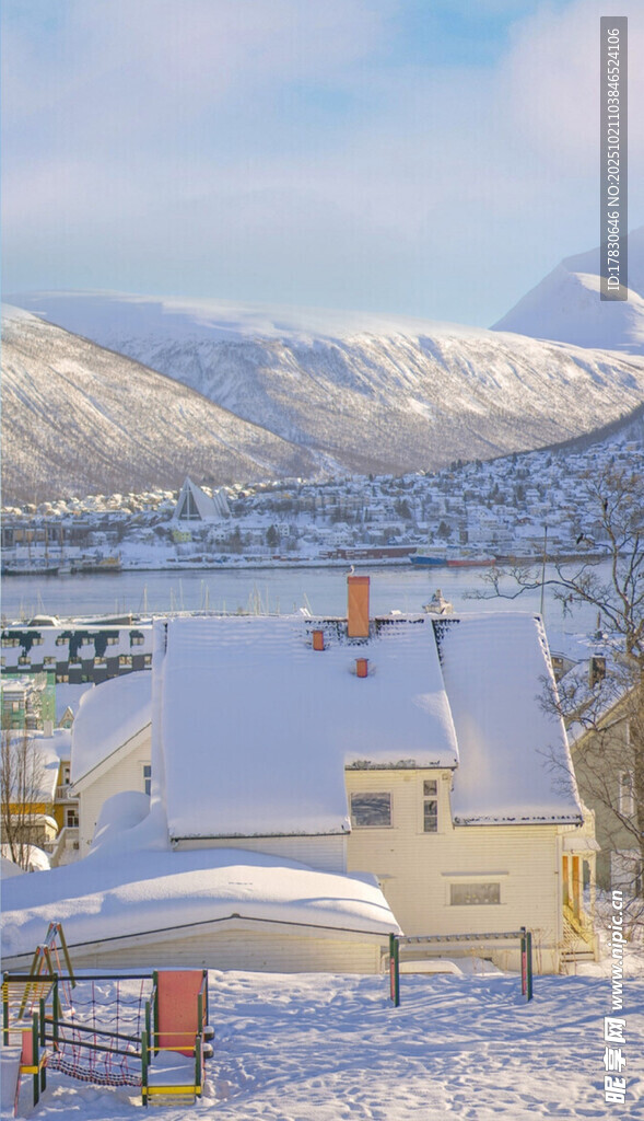 冬日雪景中的湖畔度假地