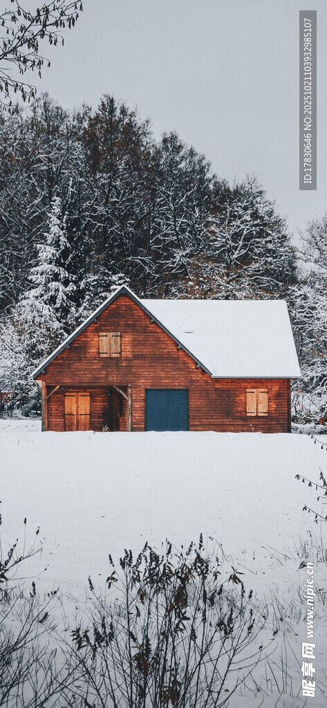 雪覆木屋冬日静谧景致