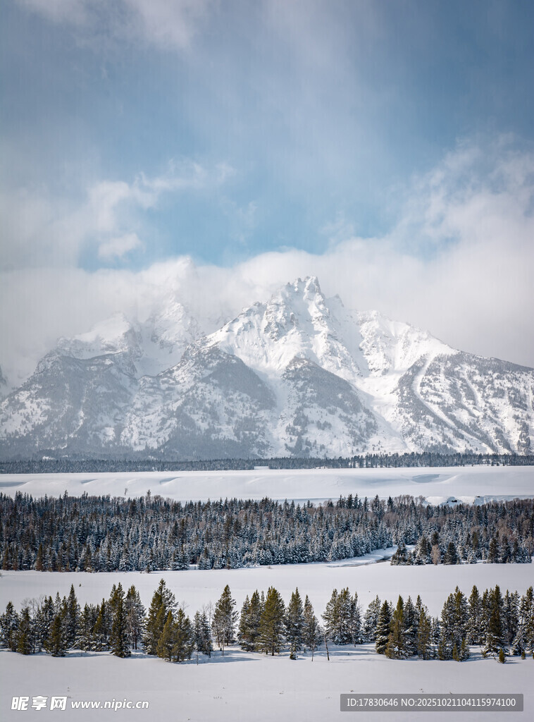 雪山下的冬日宁静景致