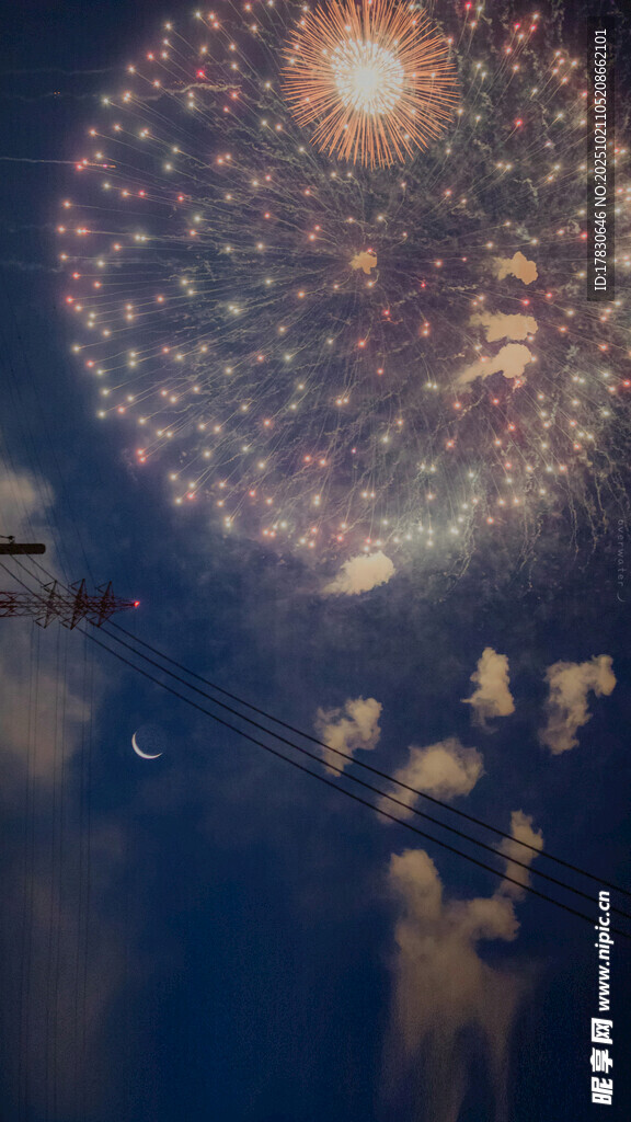 夜空中绚烂烟花下的人群