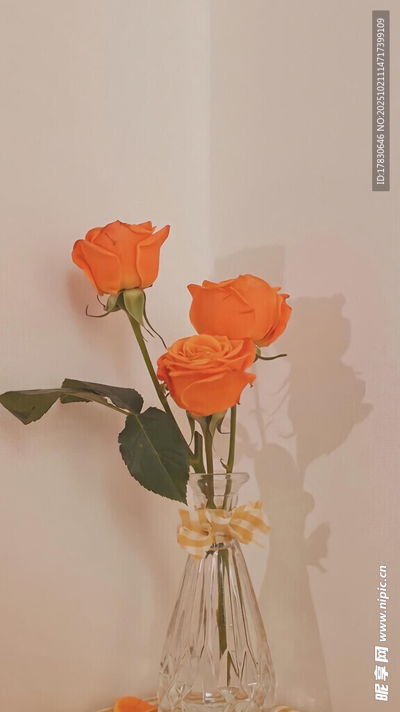 花瓶中的三朵橙色玫瑰