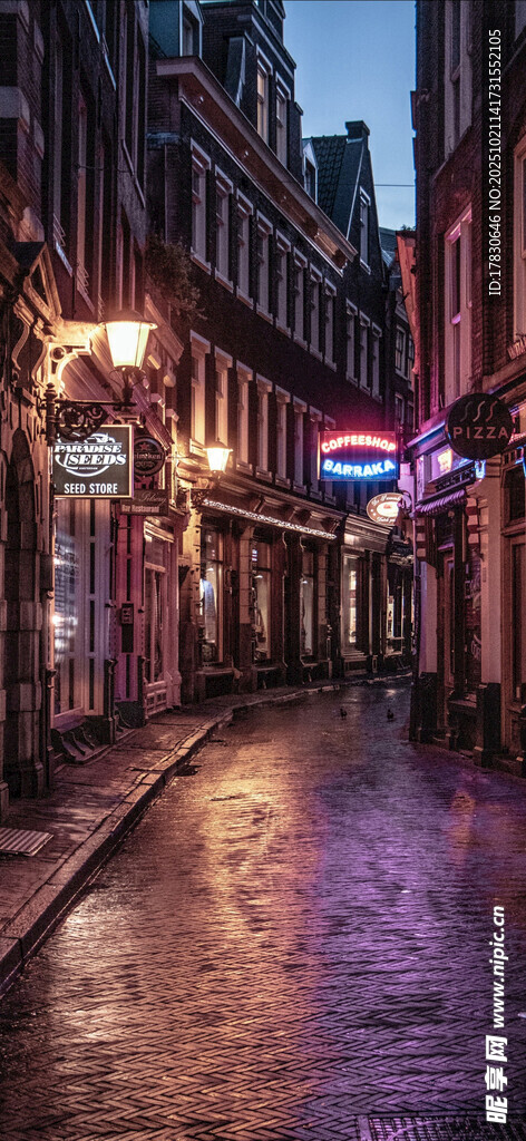 夜晚霓虹闪烁的静谧街道