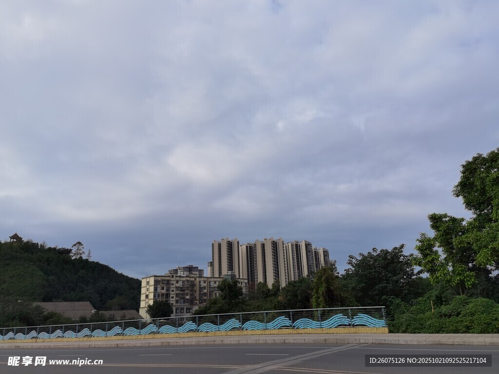 城郊道路旁的楼宇与绿树