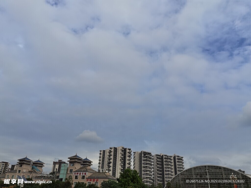 城市天际线与多云天空