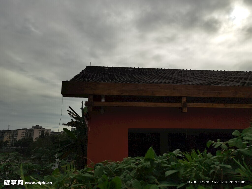 红顶小屋隐于绿植之间