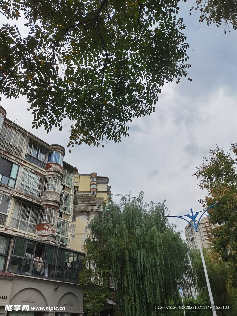 老旧居民楼旁的绿树蓝天