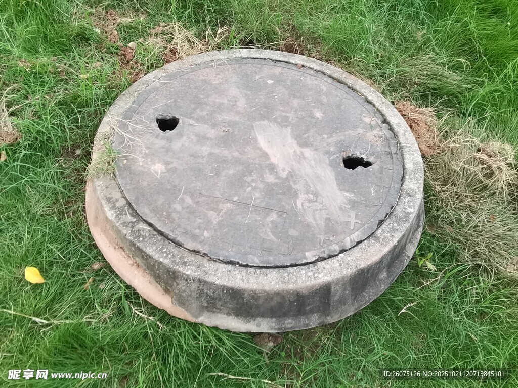 草地上的水泥井盖