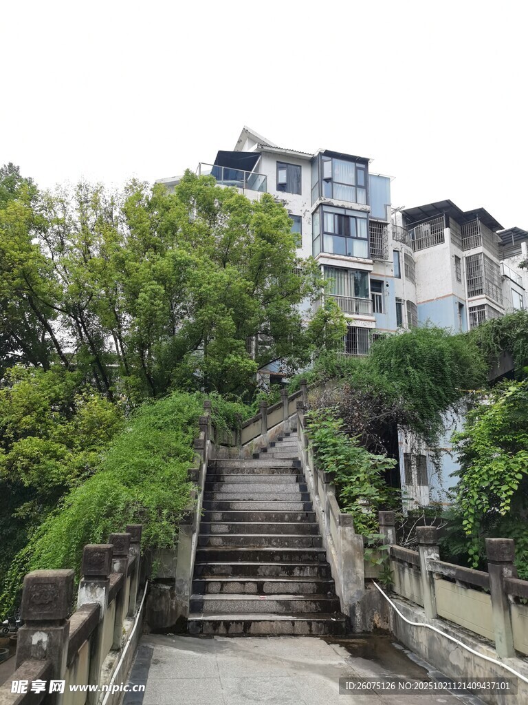 山间石阶旁的多层居民楼