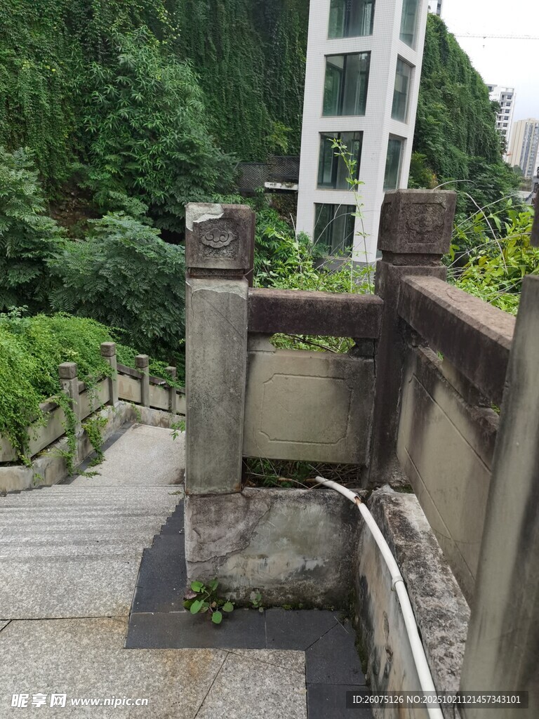 古朴石阶旁的绿植与户外电梯