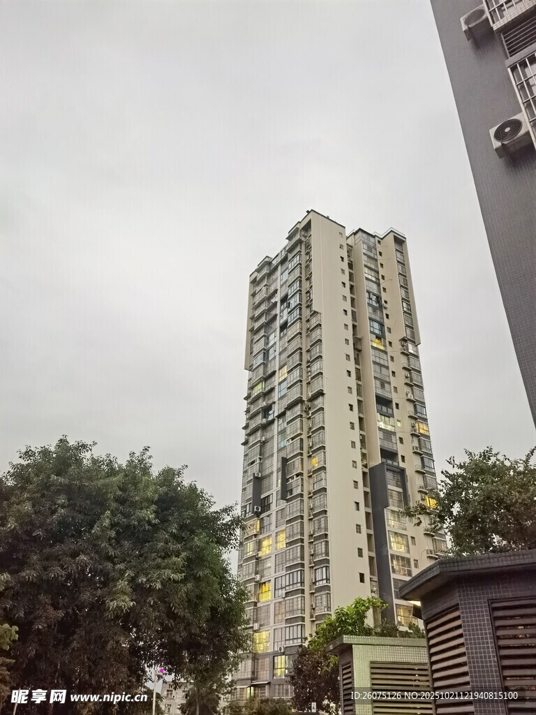 高层住宅楼矗立绿树间