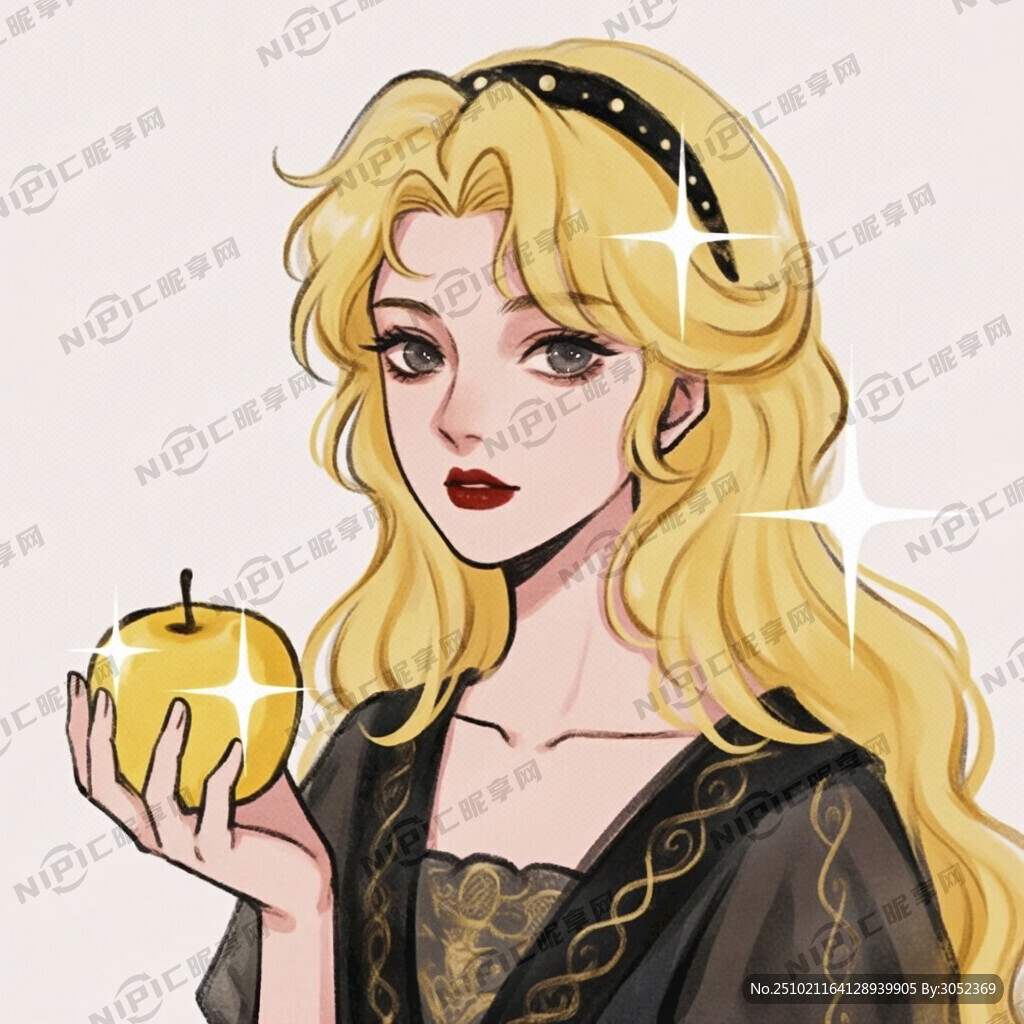 手绘黄卷发女神 手拿黄色苹果 