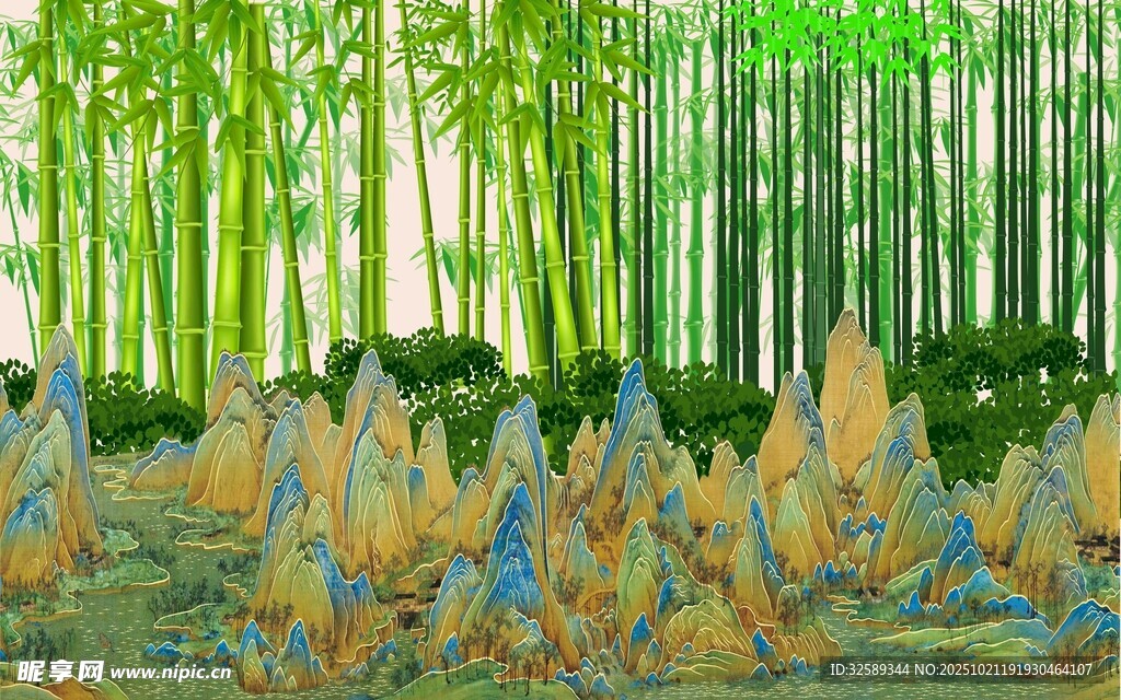 竹林中多彩蘑菇景观