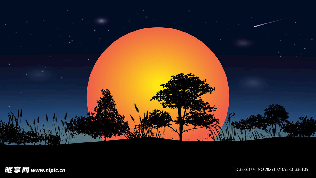 夕阳树木剪影