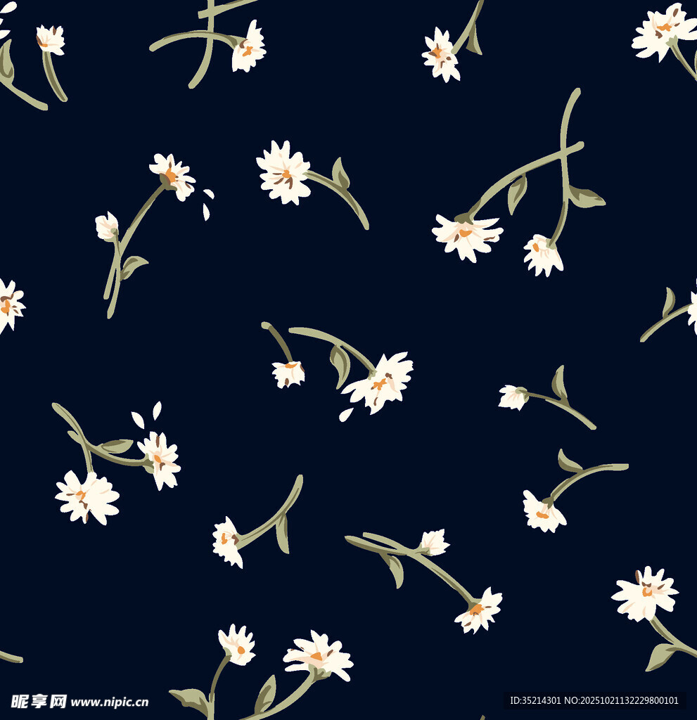 深蓝色底小雏菊花卉图案