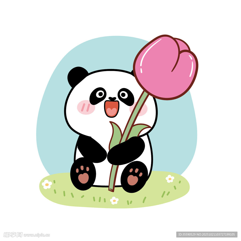 熊猫手持郁金香萌趣图