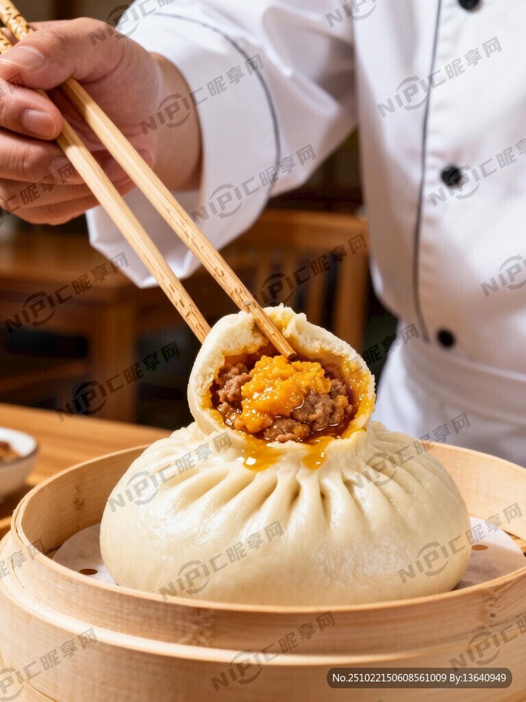 服务人员展示皮包馅儿多的蟹黄大
