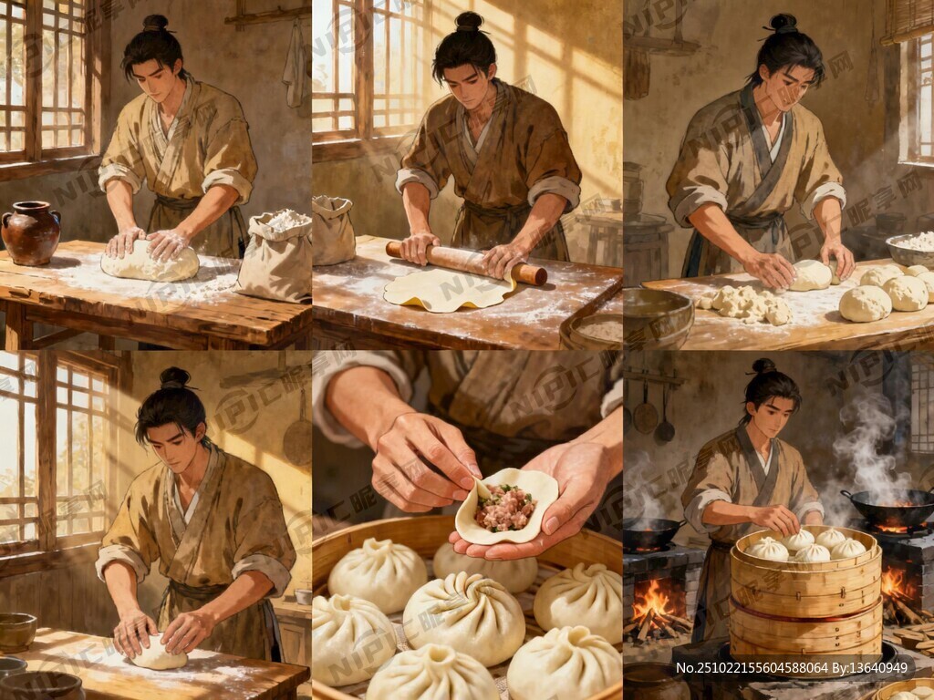 古代人揉面团做包子的系列图
