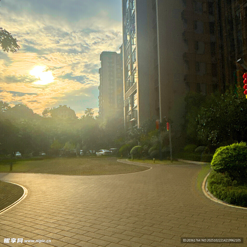 夕阳下的城市小区道路