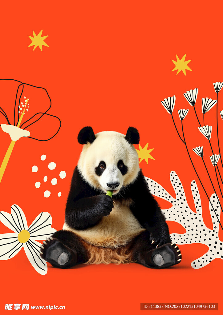 可爱熊猫坐于多彩花卉间