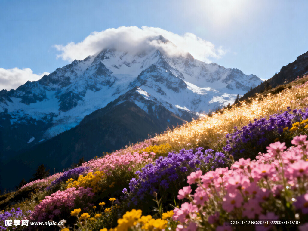 雪山下绚烂多彩的花卉景观
