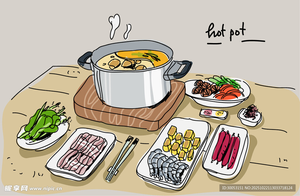 丰盛火锅食材摆满一桌