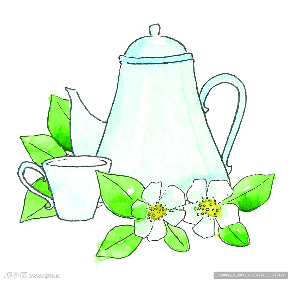 手绘清新茶壶与花卉组合