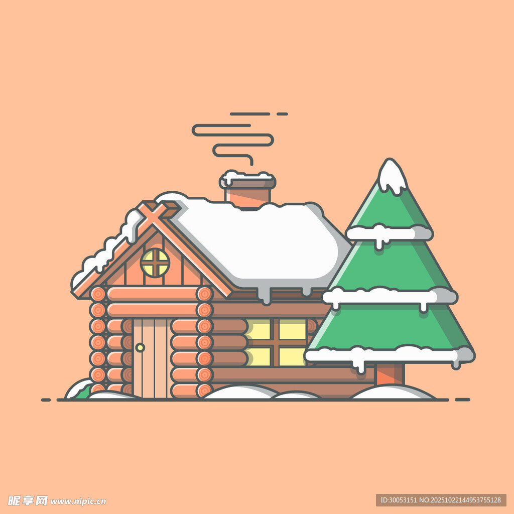 冬日小屋旁的翠绿雪松