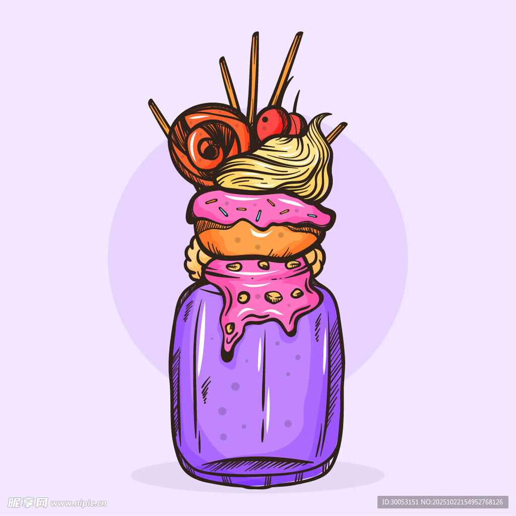 紫色罐中美味甜点插画