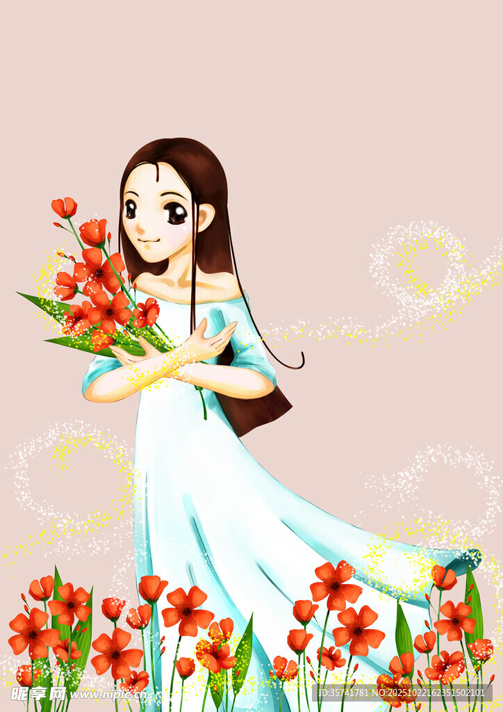 白衣少女持花于花丛中