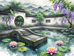 青瓦白墙中式庭院，中央方塘漂浮粉色睡莲花瓣带水珠，塘边垂落发光紫藤花花瓣飘落动态，前景立青石板拱桥爬满青苔，远景黛色山峦笼罩晨雾，新中式工笔画风格，云隙光穿透云层形成光柱，三分法构图，水墨晕染质感，空灵静谧氛围，排除色彩杂乱、比例失衡、模糊边缘
