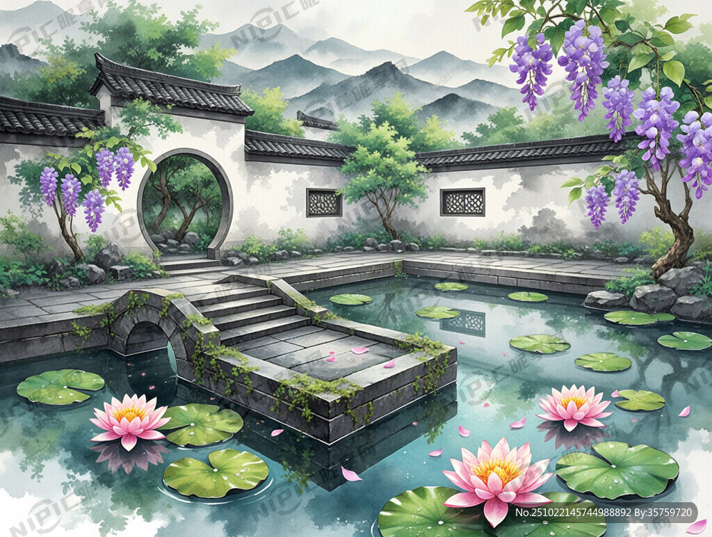 青瓦白墙中式庭院 三分法构图